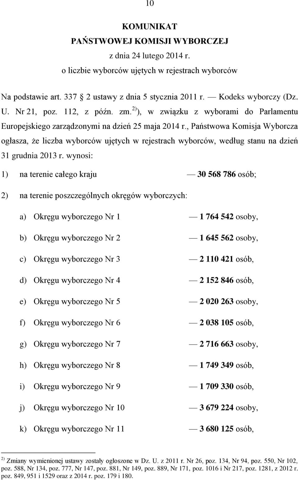 , Państwowa Komisja Wyborcza ogłasza, że liczba wyborców ujętych w rejestrach wyborców, według stanu na dzień 31 grudnia 2013 r.