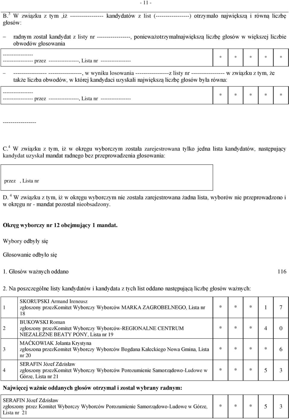 przez, Lista nr, w wyniku losowania z listy nr w związku z tym, że także liczba obwodów, w której kandydaci uzyskali największą liczbę głosów była równa: przez, Lista nr C.