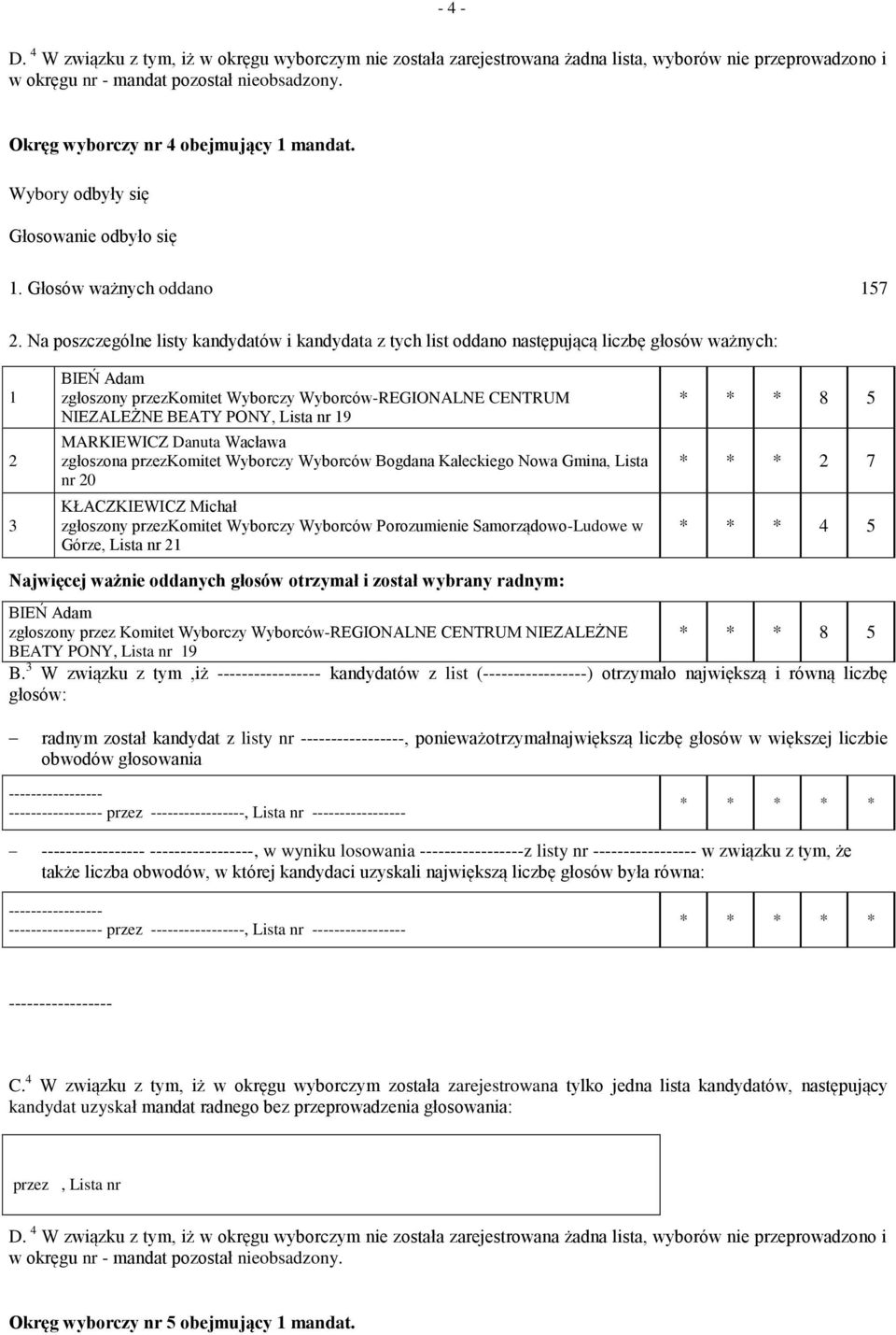 Na poszczególne listy kandydatów i kandydata z tych list oddano następującą liczbę głosów ważnych: BIEŃ Adam zgłoszony przezkomitet Wyborczy Wyborców-REGIONALNE CENTRUM NIEZALEŻNE BEATY PONY, Lista