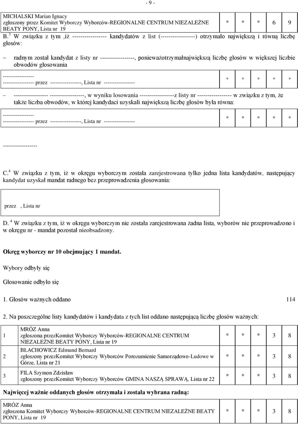 przez, Lista nr, w wyniku losowania z listy nr w związku z tym, że także liczba obwodów, w której kandydaci uzyskali największą liczbę głosów była równa: przez, Lista nr C.