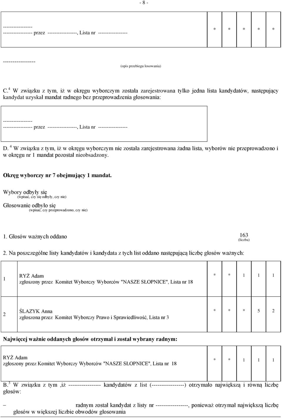 4 W związku z tym, iż w okręgu wyborczym nie została zarejestrowana żadna lista, wyborów nie przeprowadzono i w okręgu nr mandat pozostał nieobsadzony. Okręg wyborczy nr 7 obejmujący mandat.