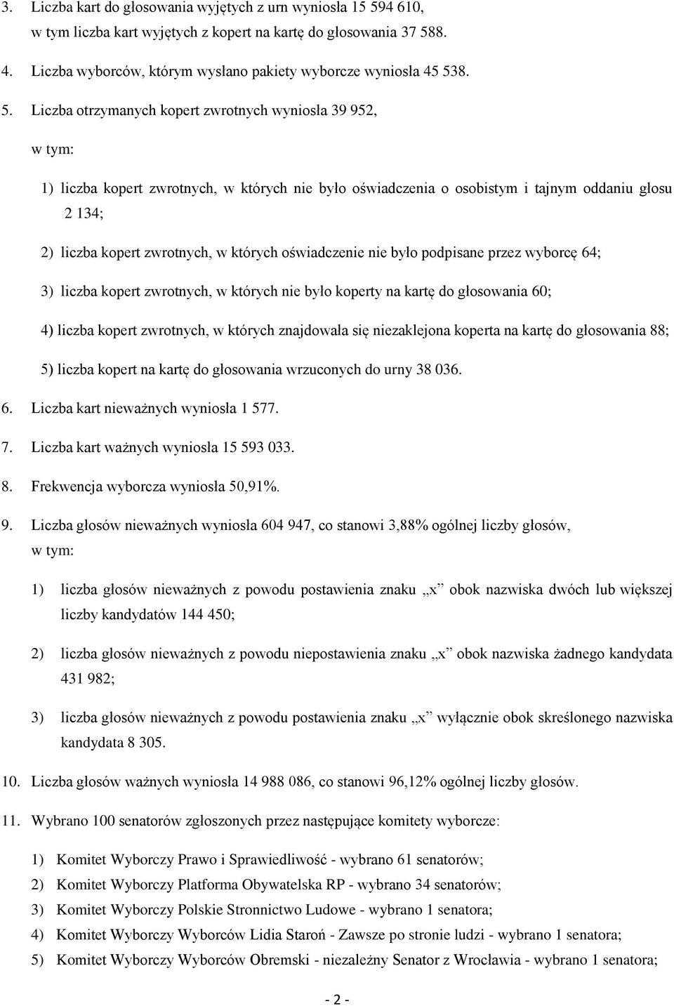 było koperty na kartę do głosowania 60; do głosowania 88; 5) liczba kopert na kartę do głosowania wrzuconych do urny 38 036. 6. Liczba kart nieważnych wyniosła 1 577. 7.