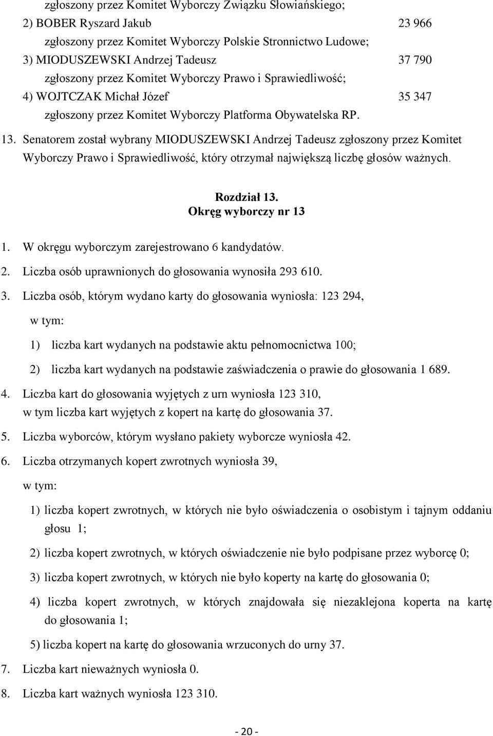 Senatorem został wybrany MIODUSZEWSKI Andrzej Tadeusz zgłoszony przez Komitet Wyborczy Prawo i Sprawiedliwość, który otrzymał największą liczbę głosów ważnych. Rozdział 13. Okręg wyborczy nr 13 1.