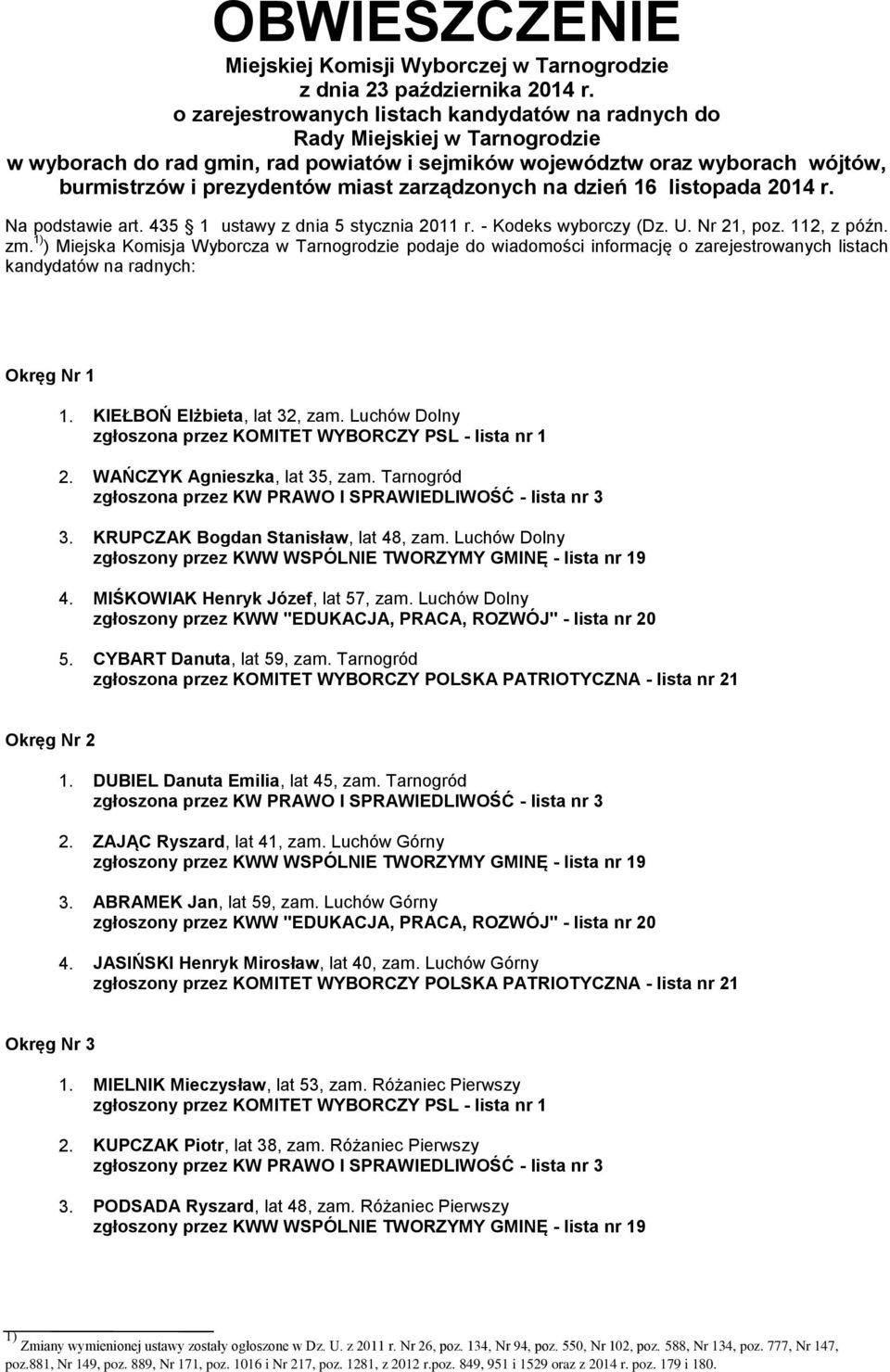 o zarejestrowanych listach kandydatów na radnych do Rady Miejskiej w Tarnogrodzie w wyborach do rad gmin, rad powiatów i sejmików województw oraz wyborach wójtów, burmistrzów i prezydentów miast