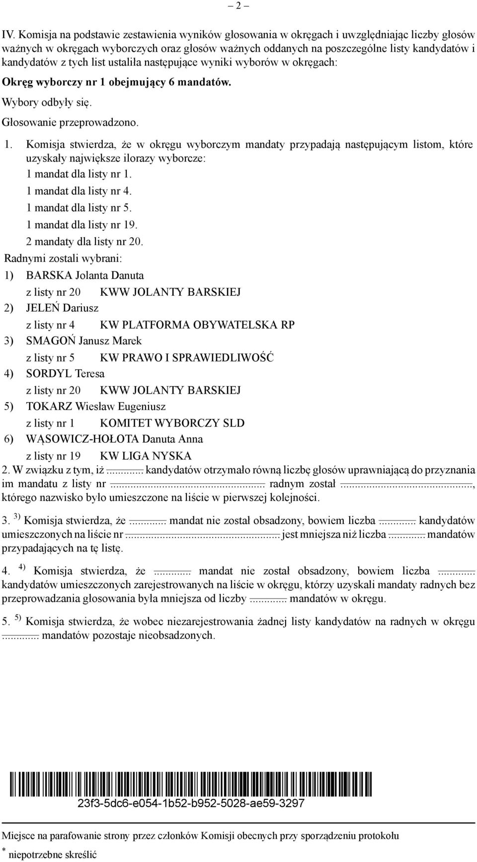 1 mandat dla listy nr 4. 1 mandat dla listy nr 5. 1 mandat dla listy nr 19. 2 mandaty dla listy nr 20.