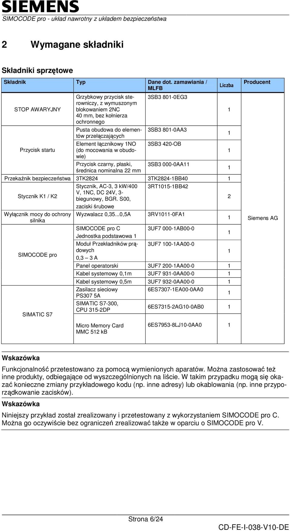 Element łcznikowy 1NO (do mocowania w obudowie) Przycisk czarny, płaski, rednica nominalna 22 mm 3SB3 801-0EG3 3SB3 801-0AA3 3SB3 420-OB 3SB3 000-0AA11 Przekanik bezpieczestwa 3TK2824 3TK2824-1BB40 1