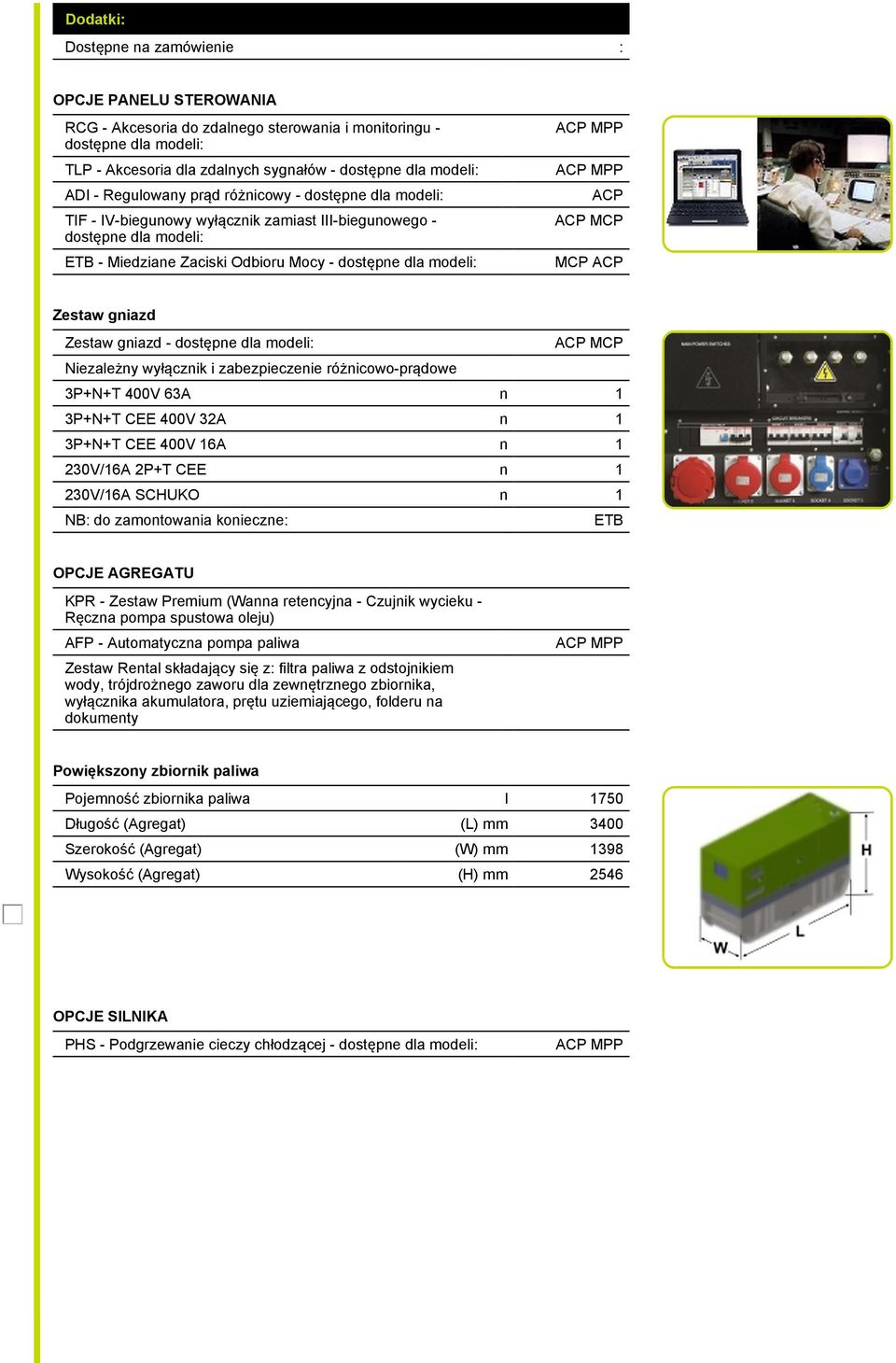 MPP ACP ACP MCP MCP ACP Zestaw gniazd Zestaw gniazd - dostępne dla modeli: ACP MCP Niezależny wyłącznik i zabezpieczenie różnicowo-prądowe 3P+N+T 400V 63A n 1 3P+N+T CEE 400V 32A n 1 3P+N+T CEE 400V