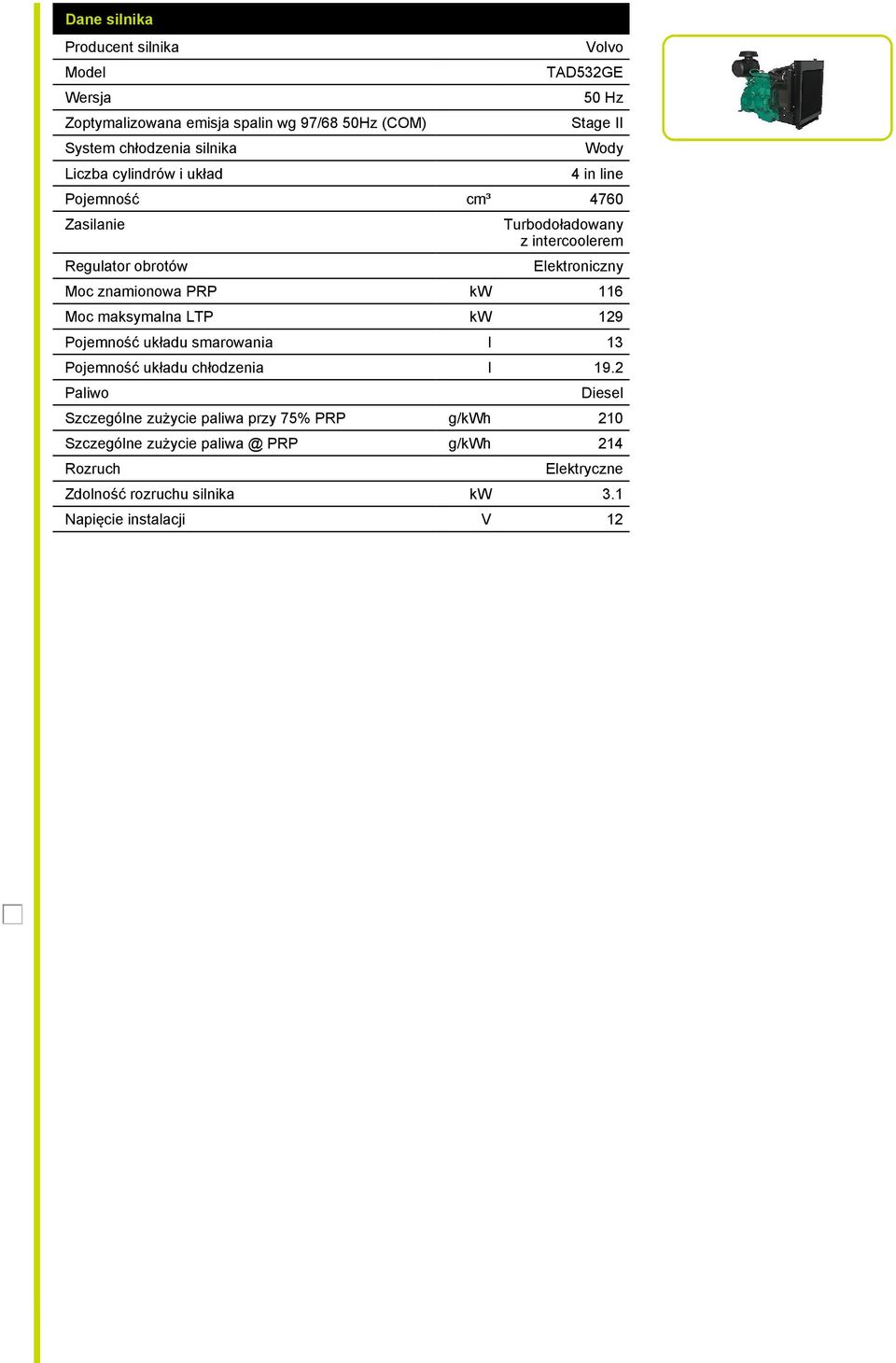 znamionowa PRP kw 116 Moc maksymalna LTP kw 129 Pojemność układu smarowania l 13 Pojemność układu chłodzenia l 19.