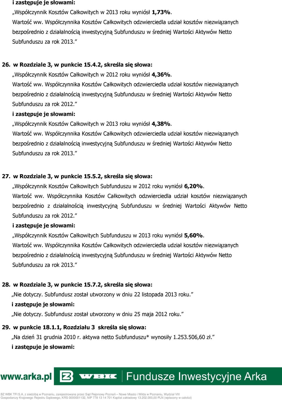 Subfunduszu za rok 2013. 27. w Rozdziale 3, w punkcie 15.5.2, skreśla się słowa: Współczynnik Kosztów Całkowitych Subfunduszu w 2012 roku wyniósł 6,20%. Subfunduszu za rok 2012.