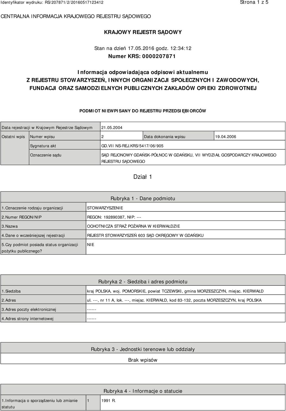 OPIEKI ZDROWOTNEJ PODMIOT NIEWPISANY DO REJESTRU PRZEDSIĘBIORCÓW Data rejestracji w Krajowym Rejestrze Sądowym 21.05.2004 Ostatni wpis Numer wpisu 2 Data dokonania wpisu 19.04.2006 Sygnatura akt Oznaczenie sądu GD.