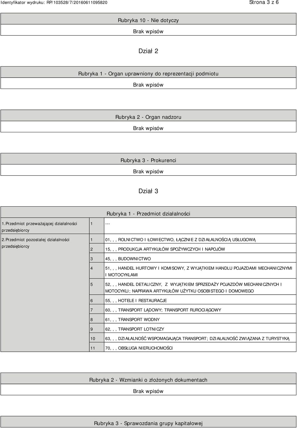 Przedmiot pozostałej działalności przedsiębiorcy 1 --- 1 01,,, ROLNICTWO I ŁOWIECTWO, ŁĄCZNIE Z DZIAŁALNOŚCIĄ USŁUGOWĄ 2 15,,, PRODUKCJA ARTYKUŁÓW SPOŻYWCZYCH I NAPOJÓW 3 45,,, BUDOWNICTWO 4 51,,,