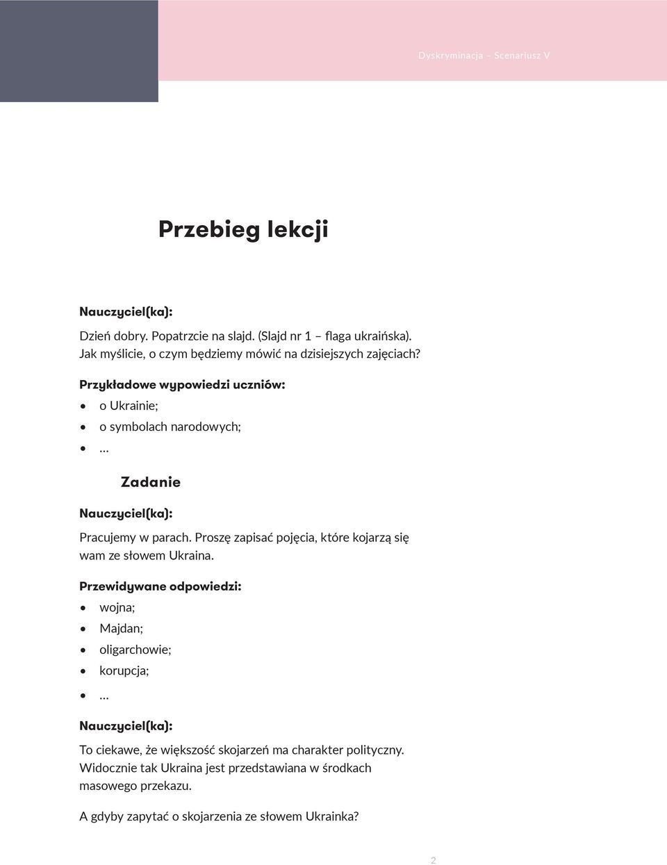 Przykładowe wypowiedzi uczniów: o Ukrainie; o symbolach narodowych; Zadanie Pracujemy w parach.