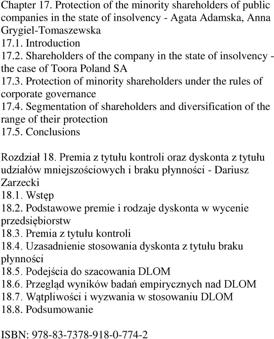 Segmentation of shareholders and diversification of the range of their protection 17.5. Conclusions Rozdział 18.