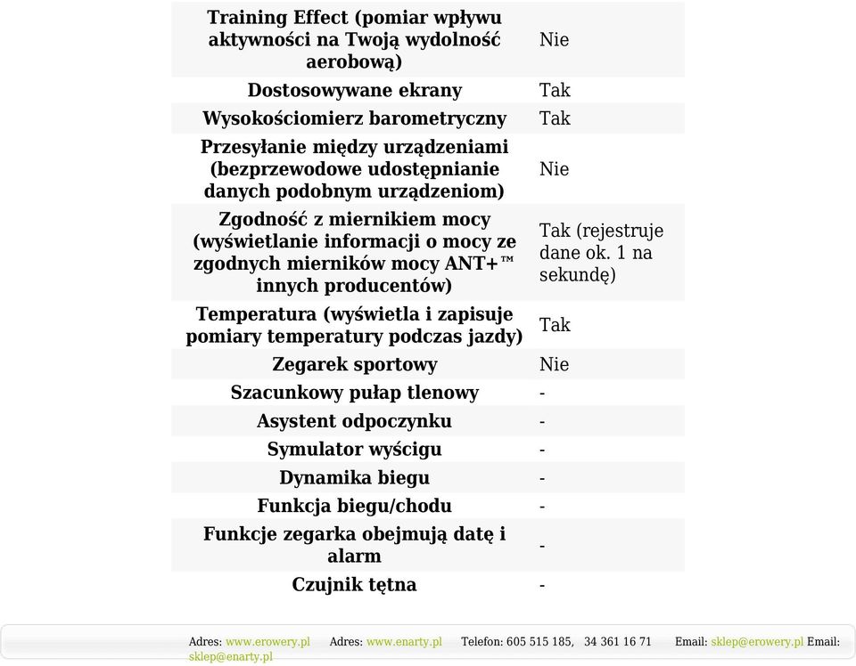 1 na sekundę) Temperatura (wyświetla i zapisuje pomiary temperatury podczas jazdy) Zegarek sportowy Szacunkowy pułap tlenowy Asystent odpoczynku Symulator wyścigu Dynamika biegu