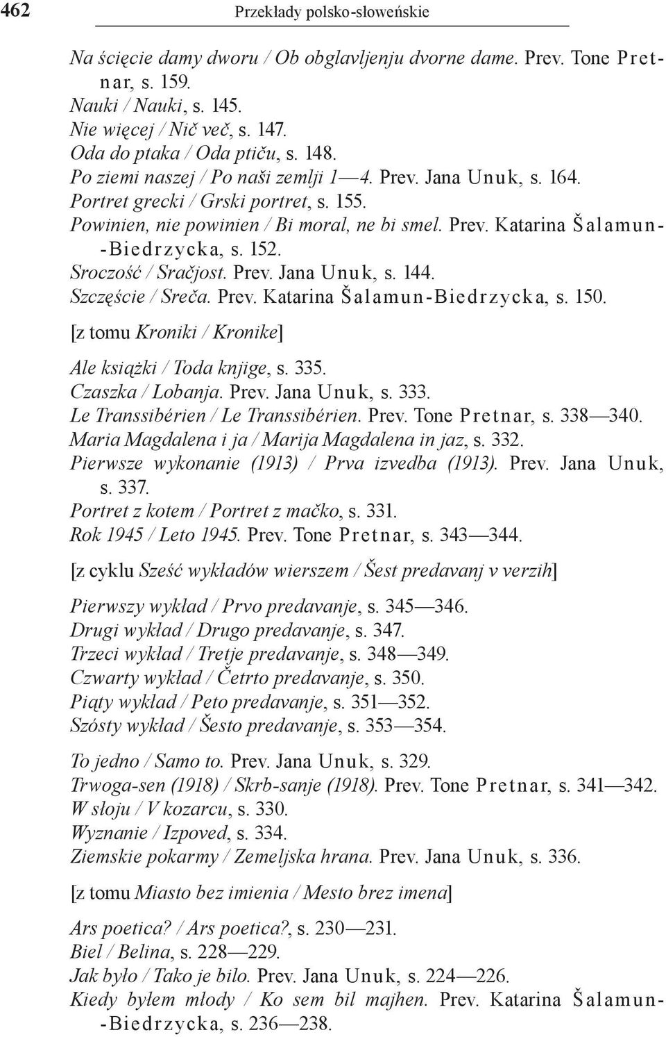 Sroczość / Sračjost. Prev. Jana Unu k, s. 144. Szczęście / Sreča. Prev. Katarina Šalamun Bied rzycka, s. 150. [z tomu Kroniki / Kronike] Ale książki / Toda knjige, s. 335. Czaszka / Lobanja. Prev. Jana Unu k, s. 333.