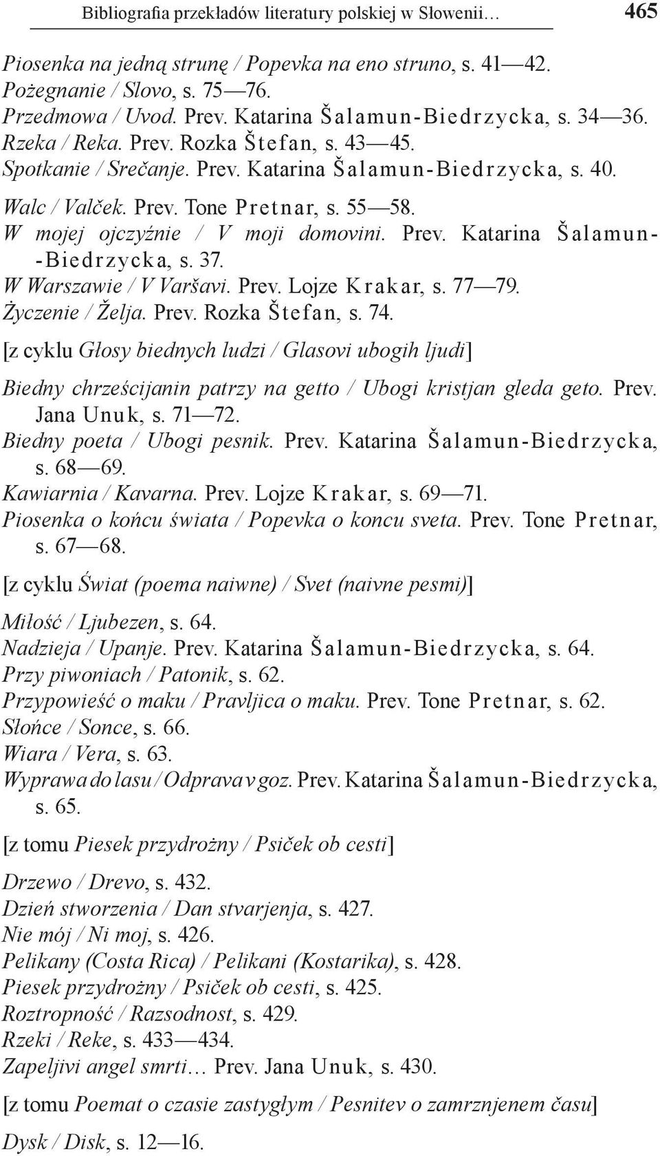 55 58. W mojej ojczyźnie / V moji domovini. Prev. Katarina Ša la mu n- Bied rzycka, s. 37. W Warszawie / V Varšavi. Prev. Lojze K rakar, s. 77 79. Życzenie / Želja. Prev. Rozka Štefan, s. 74.