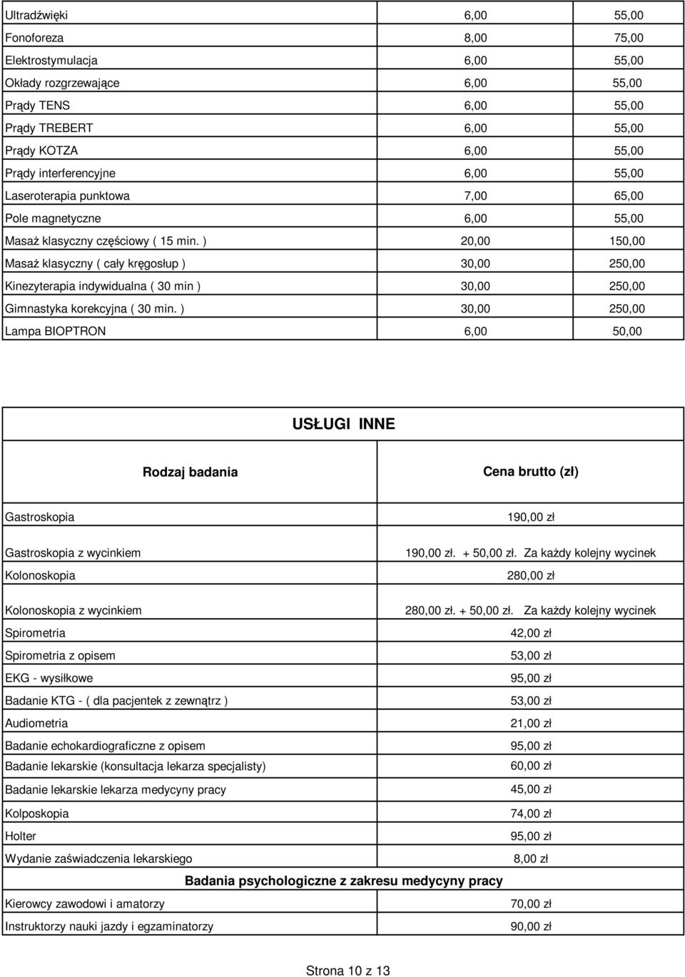 ) 20,00 150,00 Masaż klasyczny ( cały kręgosłup ) 30,00 250,00 Kinezyterapia indywidualna ( 30 min ) 30,00 250,00 Gimnastyka korekcyjna ( 30 min.