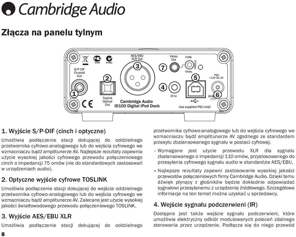 Najlepsze rezultaty zapewnia użycie wysokiej jakości cyfrowego przewodu połączeniowego cinch o impedancji 75 omów (nie do standardowych zastosowań w urządzeniach audio). 2.