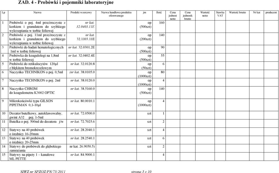 11ml przeźroczyste z korkiem i granulatem do szybkiego wykrzepiania w torbie foliowej 3 Probówki do badań hematologicznych 1ml w torbie foliowej 4 Probówka do koagulologi na 1,8ml w torbie foliowej 5