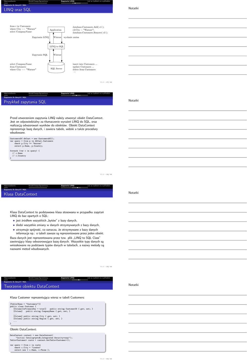 .. update Customers... delete from Customers... V1.0 37/ 48 Przykład zapytania SQL Przed utworzeniem zapytania LINQ należy utworzyć obiekt DataContext.
