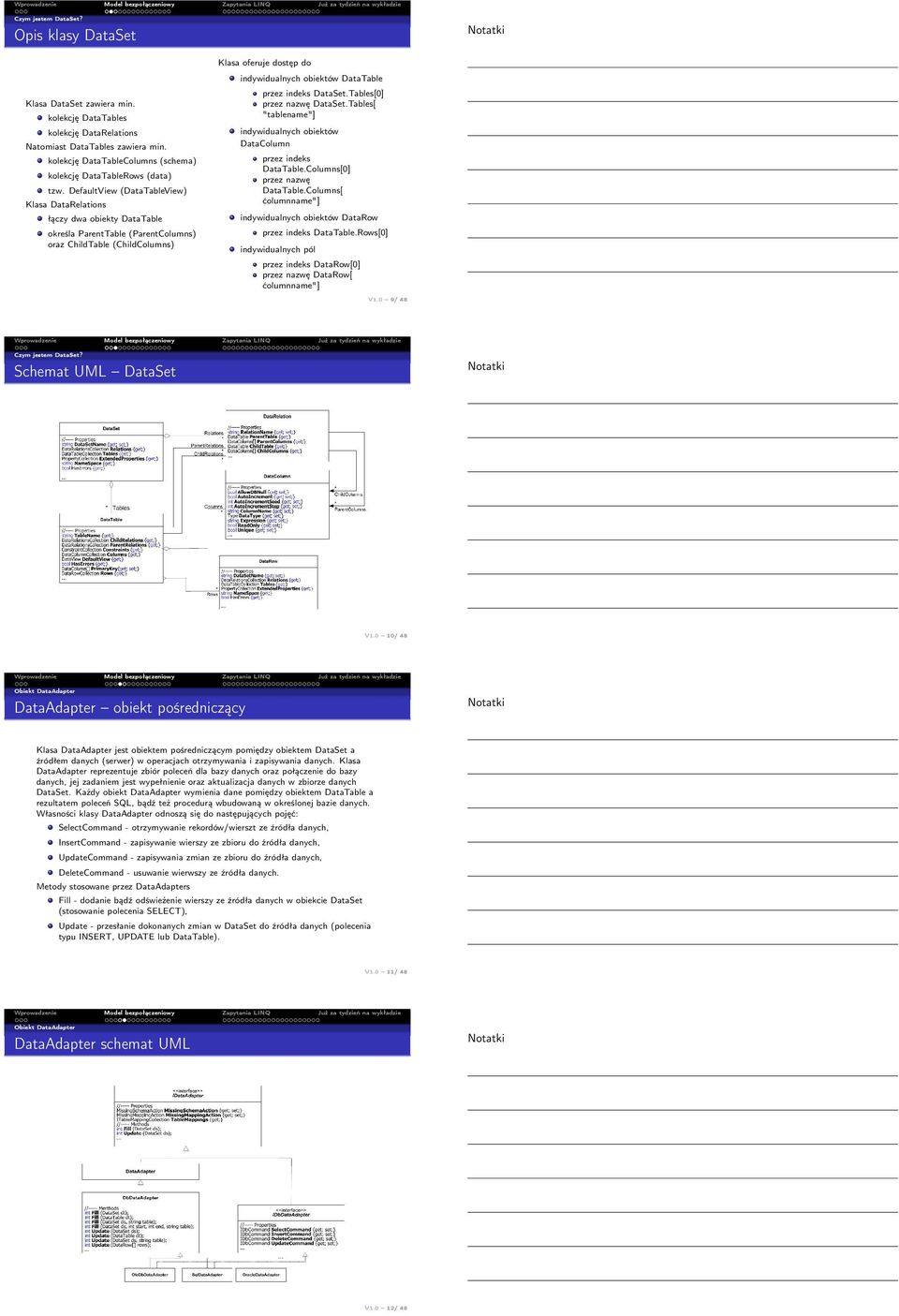 DefaultView (DataTableView) Klasa DataRelations łączy dwa obiekty DataTable określa ParentTable (ParentColumns) oraz ChildTable (ChildColumns) Klasa oferuje dostęp do indywidualnych obiektów