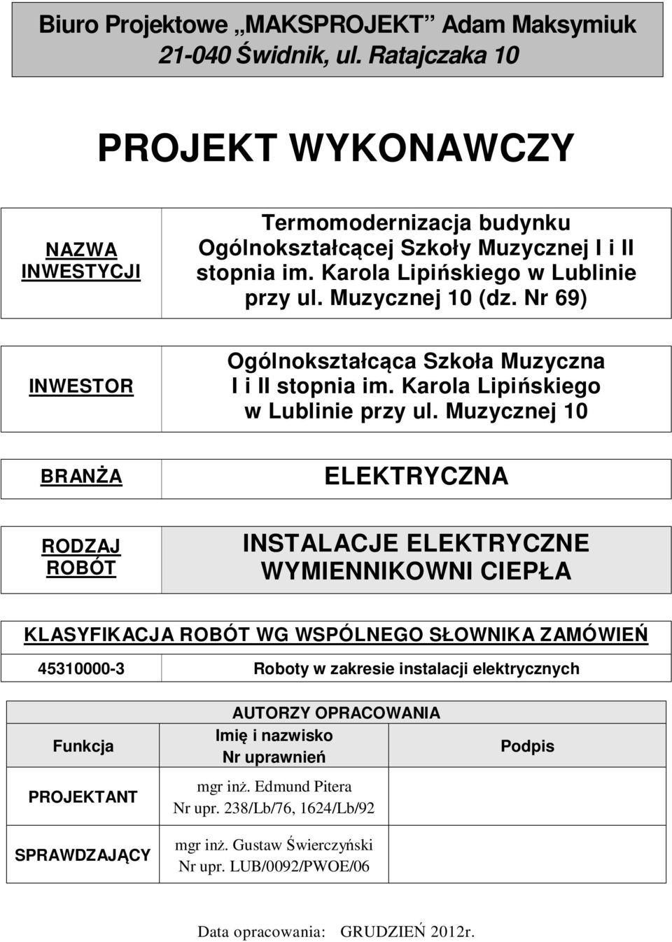 Muzycznej 10 BRANŻA ELEKTRYCZNA RODZAJ ROBÓT INSTALACJE ELEKTRYCZNE WYMIENNIKOWNI CIEPŁA KLASYFIKACJA ROBÓT WG WSPÓLNEGO SŁOWNIKA ZAMÓWIEŃ 45310000-3 Roboty w zakresie instalacji elektrycznych