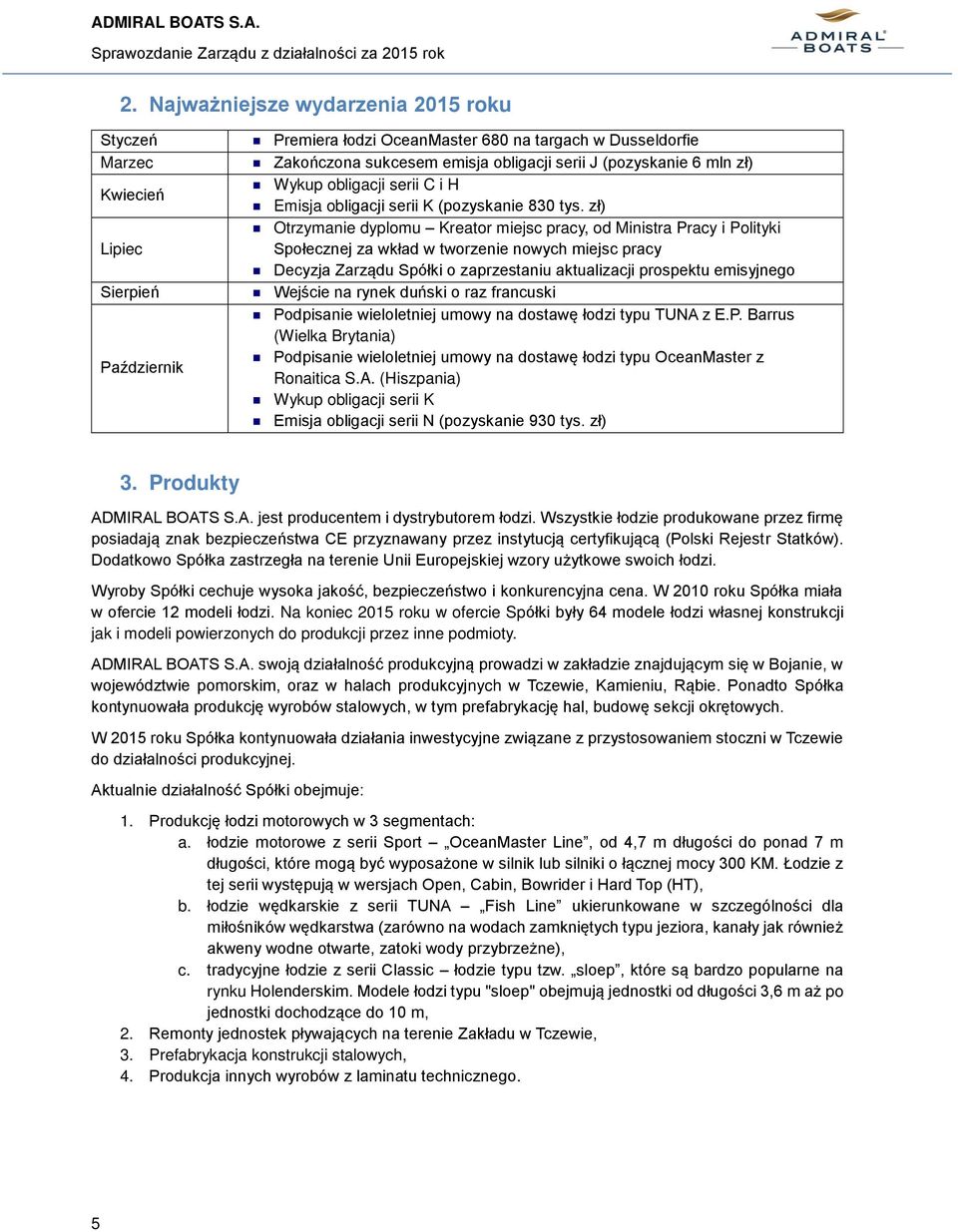 zł) Otrzymanie dyplomu Kreator miejsc pracy, od Ministra Pracy i Polityki Społecznej za wkład w tworzenie nowych miejsc pracy Decyzja Zarządu Spółki o zaprzestaniu aktualizacji prospektu emisyjnego