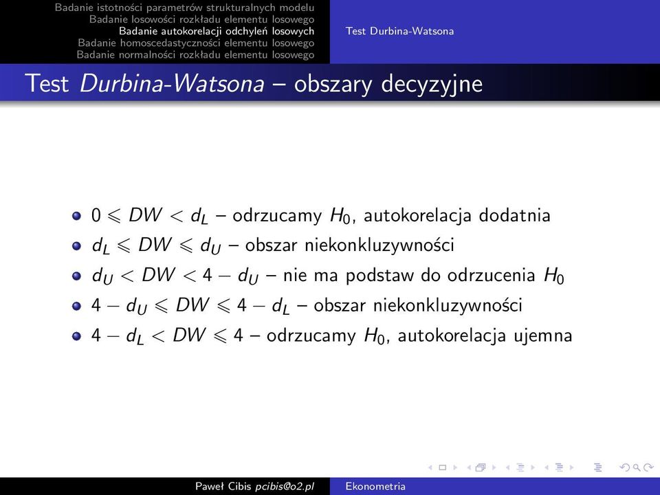 niekonkluzywności d U < DW < 4 d U nie ma podstaw do odrzucenia H 0 4