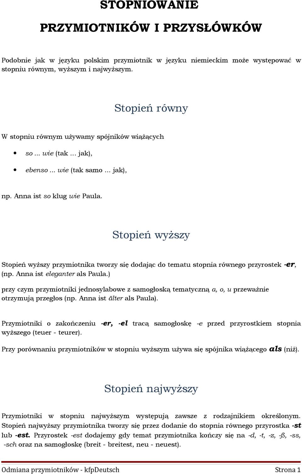 Stopień wyższy Stopień wyższy przymiotnika tworzy się dodając do tematu stopnia równego przyrostek -er, (np. Anna ist eleganter als Paula.