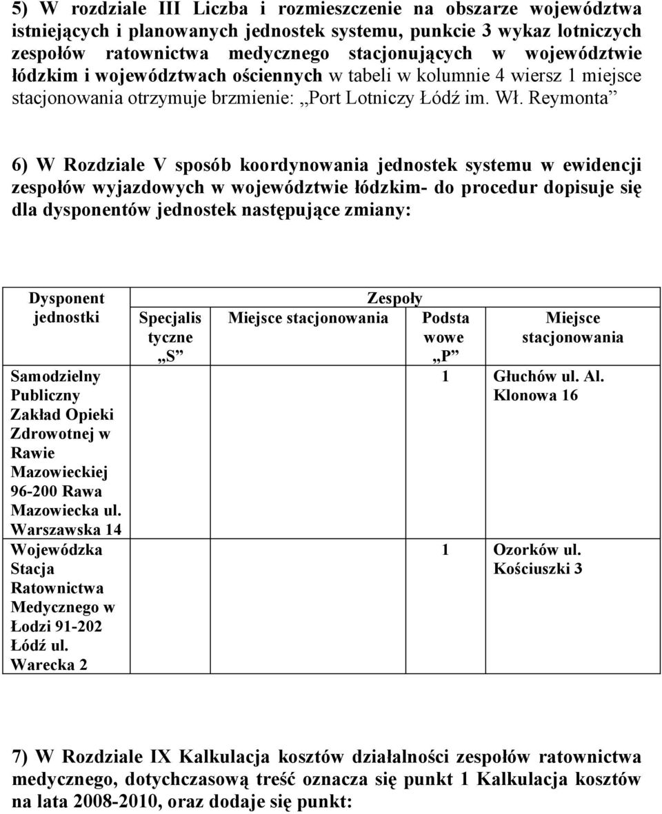 Reymonta 6) W Rozdziale V sposób koordynowania jednostek systemu w ewidencji wyjazdowych w województwie łódzkim- do procedur dopisuje się dla dysponentów jednostek następujące zmiany: Dysponent