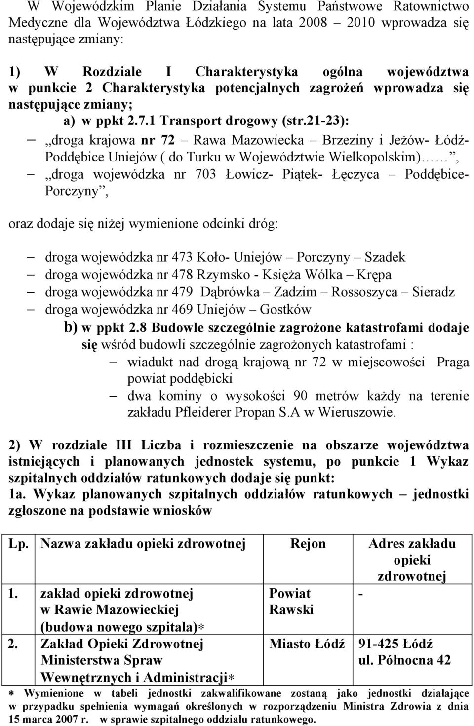 21-23): droga krajowa nr 72 Rawa Mazowiecka Brzeziny i Jeżów- Łódź- Poddębice Uniejów ( do Turku w Województwie Wielkopolskim), droga wojewódzka nr 703 Łowicz- Piątek- Łęczyca Poddębice- Porczyny,