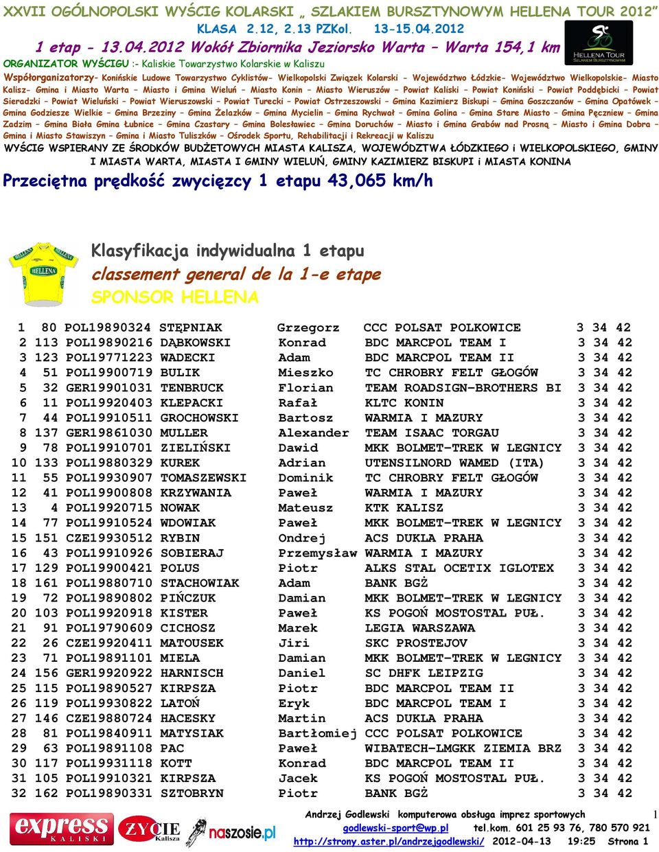 TENBRUCK Florian TEAM ROADSIGN-BROTHERS BI 3 34 42 6 11 POL19920403 KLEPACKI Rafał KLTC KONIN 3 34 42 7 44 POL19910511 GROCHOWSKI Bartosz WARMIA I MAZURY 3 34 42 8 137 GER19861030 MULLER Alexander