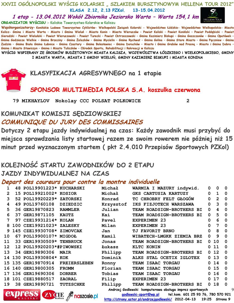 010 Przepisów Sportowych PZKol) KOLEJNOŚĆ STARTU ZAWODNIKÓW DO 2 ETAPU JAZDY INDYWIDUALNEJ NA CZAS Depart des coureurs pour contre la montre individuelle 1 48 POL19901223* KUCHARSKI Michał WARMIA I