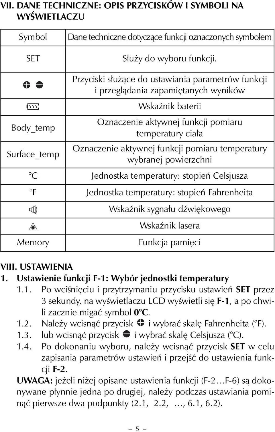 aktywnej funkcji pomiaru temperatury wybranej powierzchni C Jednostka temperatury: stopień Celsjusza F Jednostka temperatury: stopień Fahrenheita Memory Wskaźnik sygnału dźwiękowego Wskaźnik lasera