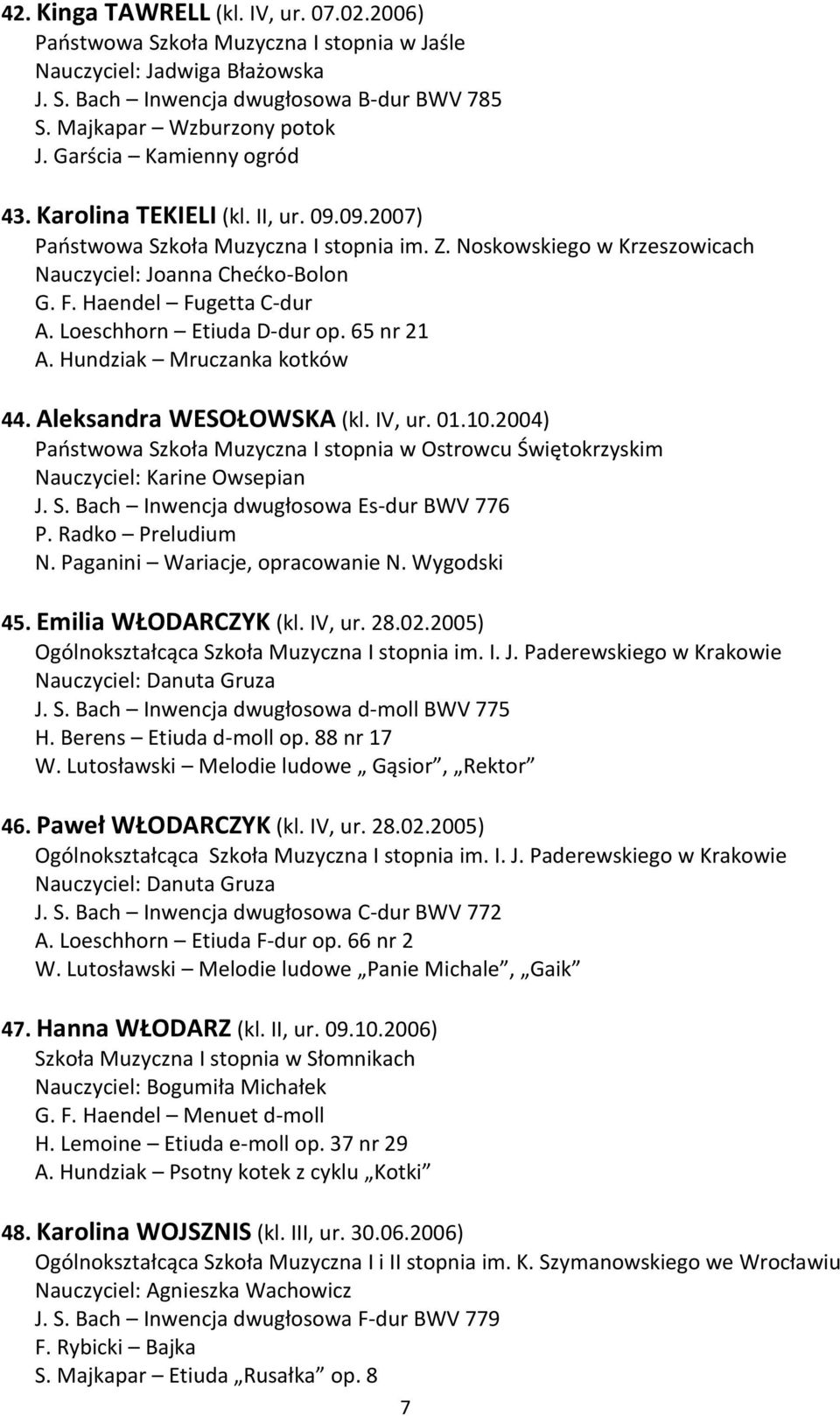 Hundziak Mruczanka kotków 44. Aleksandra WESOŁOWSKA (kl. IV, ur. 01.10.2004) Państwowa Szkoła Muzyczna I stopnia w Ostrowcu Świętokrzyskim Nauczyciel: Karine Owsepian J. S. Bach Inwencja dwugłosowa Es-dur BWV 776 P.