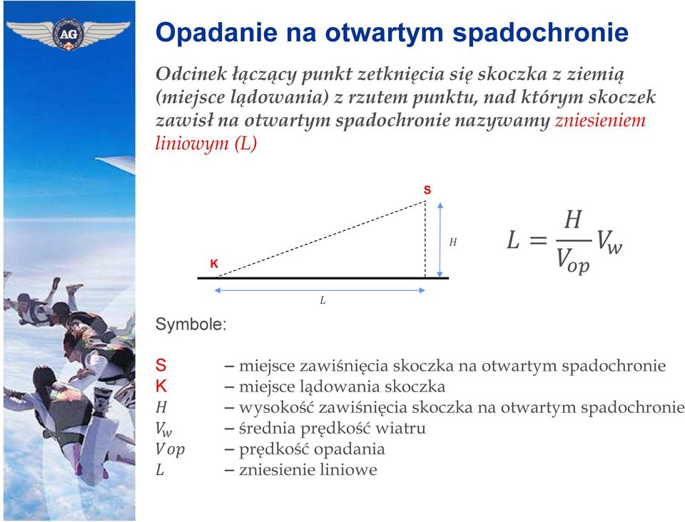 liniowym (L) S K = Symbole: S K miejsce zawiśnięcia skoczka na otwartym spadochronie miejsce lądowania