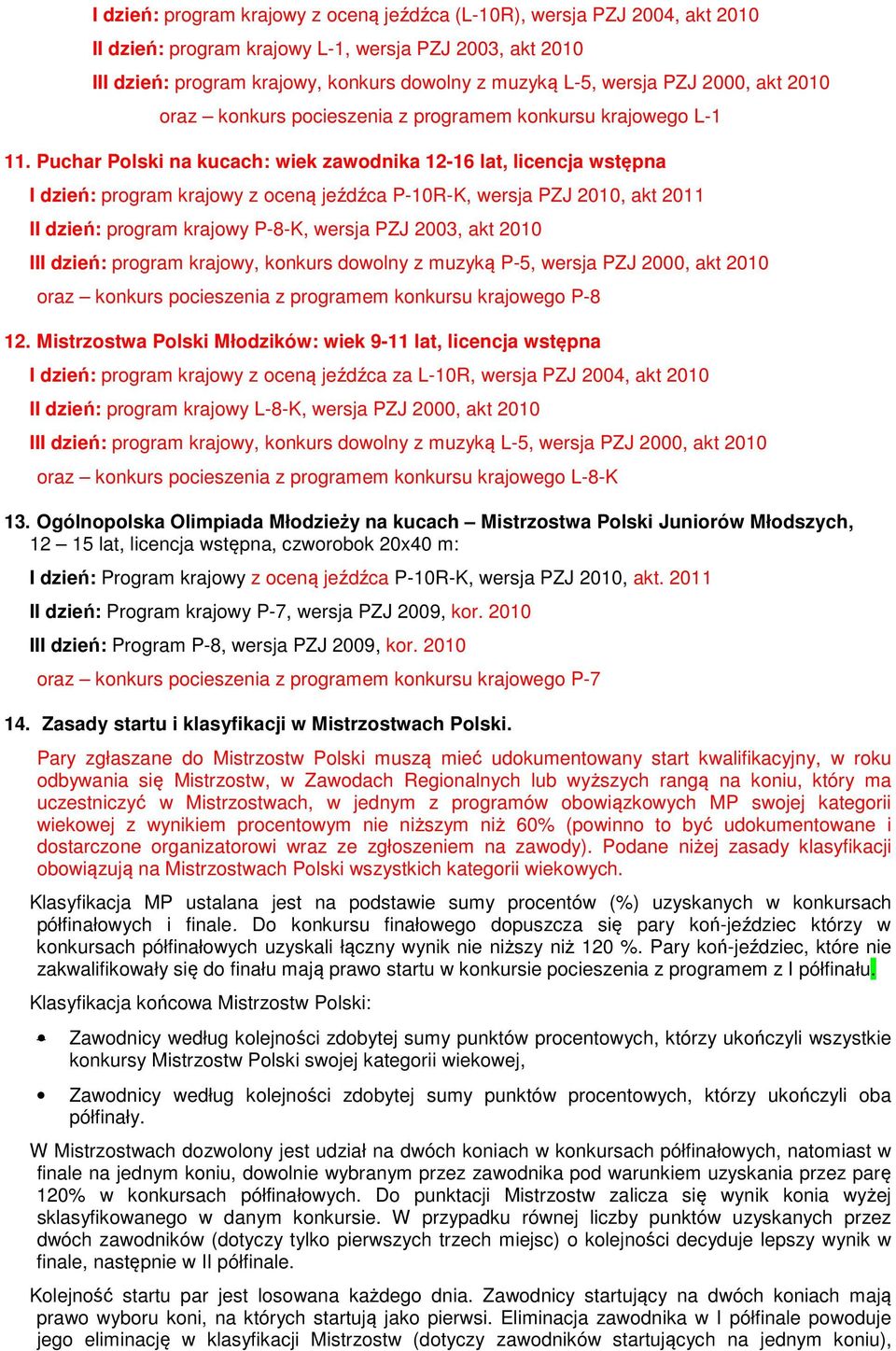 Puchar Polski na kucach: wiek zawodnika 12-16 lat, licencja wstępna I dzień: program krajowy z oceną jeźdźca P-10R-K, wersja PZJ 2010, akt 2011 II dzień: program krajowy P-8-K, wersja PZJ 2003, akt