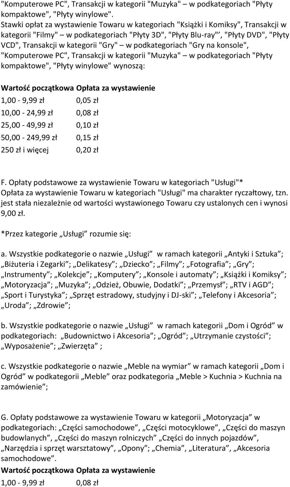 "Gry" w podkategoriach "Gry na konsole", "Komputerowe PC", Transakcji w kategorii "Muzyka" w podkategoriach "Płyty kompaktowe", "Płyty winylowe" wynoszą: Wartość początkowa Opłata za wystawienie