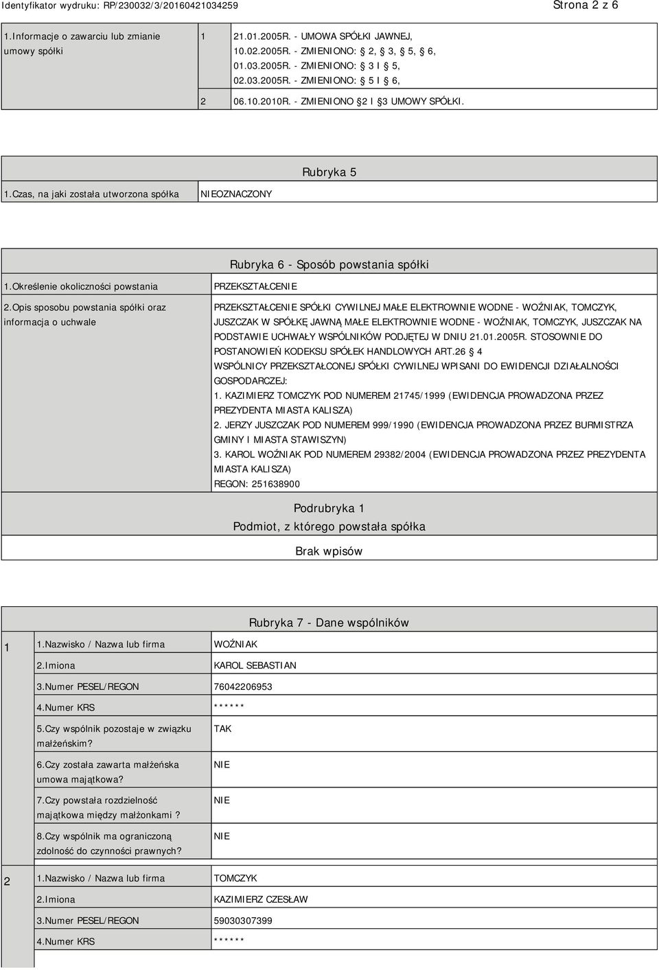 Opis sposobu powstania spółki oraz informacja o uchwale PRZEKSZTAŁCE PRZEKSZTAŁCE SPÓŁKI CYWILNEJ MAŁE ELEKTROW WODNE - WOŹNIAK, TOMCZYK, JUSZCZAK W SPÓŁKĘ JAWNĄ MAŁE ELEKTROW WODNE - WOŹNIAK,