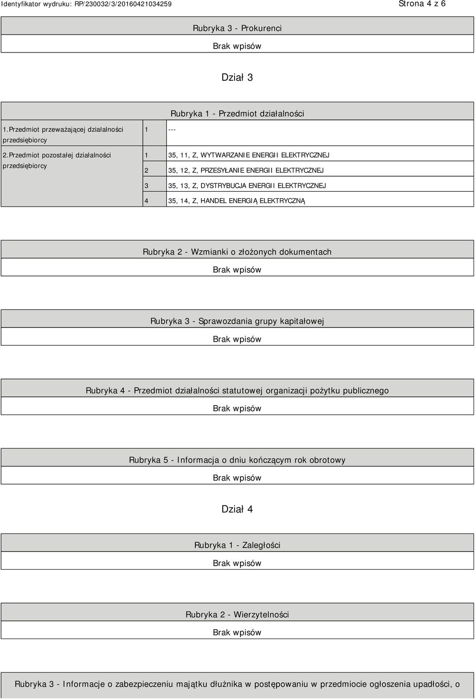 4 35, 14, Z, HANDEL ENERGIĄ ELEKTRYCZNĄ Rubryka 2 - Wzmianki o złożonych dokumentach Rubryka 3 - Sprawozdania grupy kapitałowej Rubryka 4 - Przedmiot działalności statutowej organizacji