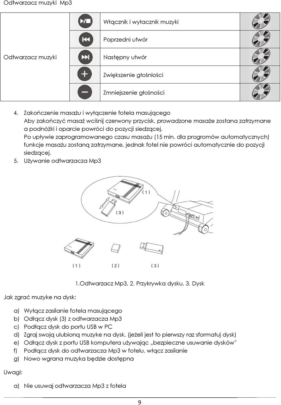 Po upływie zaprogramowanego czasu masażu (15 min. dla progromów automatycznych) funkcje masażu zostaną zatrzymane, jednak fotel nie powróci automatycznie do pozycji siedzącej. 5.