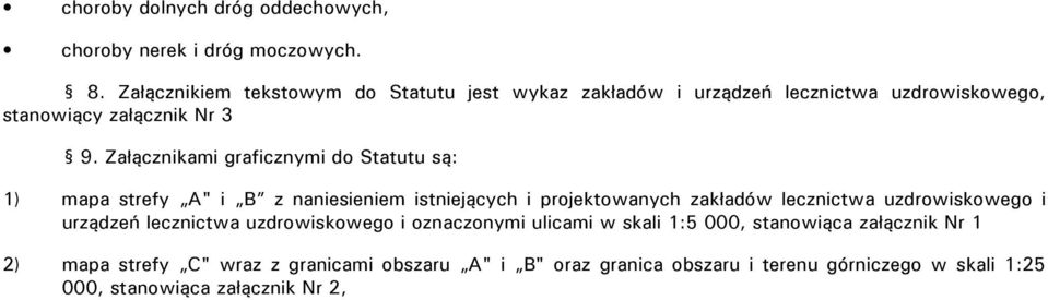 Załącznikami graficznymi do Statutu są: 1) mapa strefy A" i B z naniesieniem istniejących i projektowanych zakładów lecznictwa uzdrowiskowego