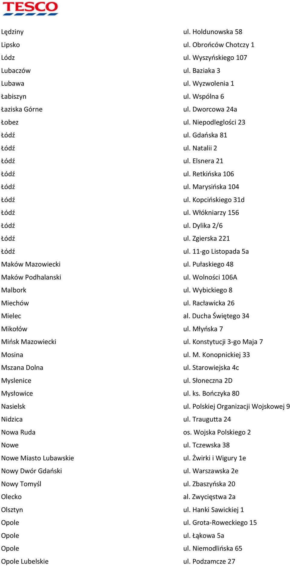 Dylika 2/6 Łódź ul. Zgierska 221 Łódź ul. 11-go Listopada 5a Maków Mazowiecki ul. Pułaskiego 48 Maków Podhalanski ul. Wolności 106A Malbork ul. Wybickiego 8 Miechów ul. Racławicka 26 Mielec al.