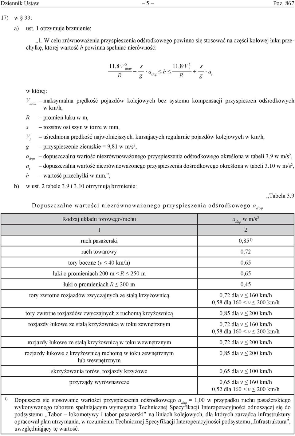 a t R g R g V max maksymalna prędkość pojazdów kolejowych bez systemu kompensacji przyspieszeń odśrodkowych w km/h, R promień łuku w m, s V t rozstaw osi szyn w torze w mm, uśredniona prędkość