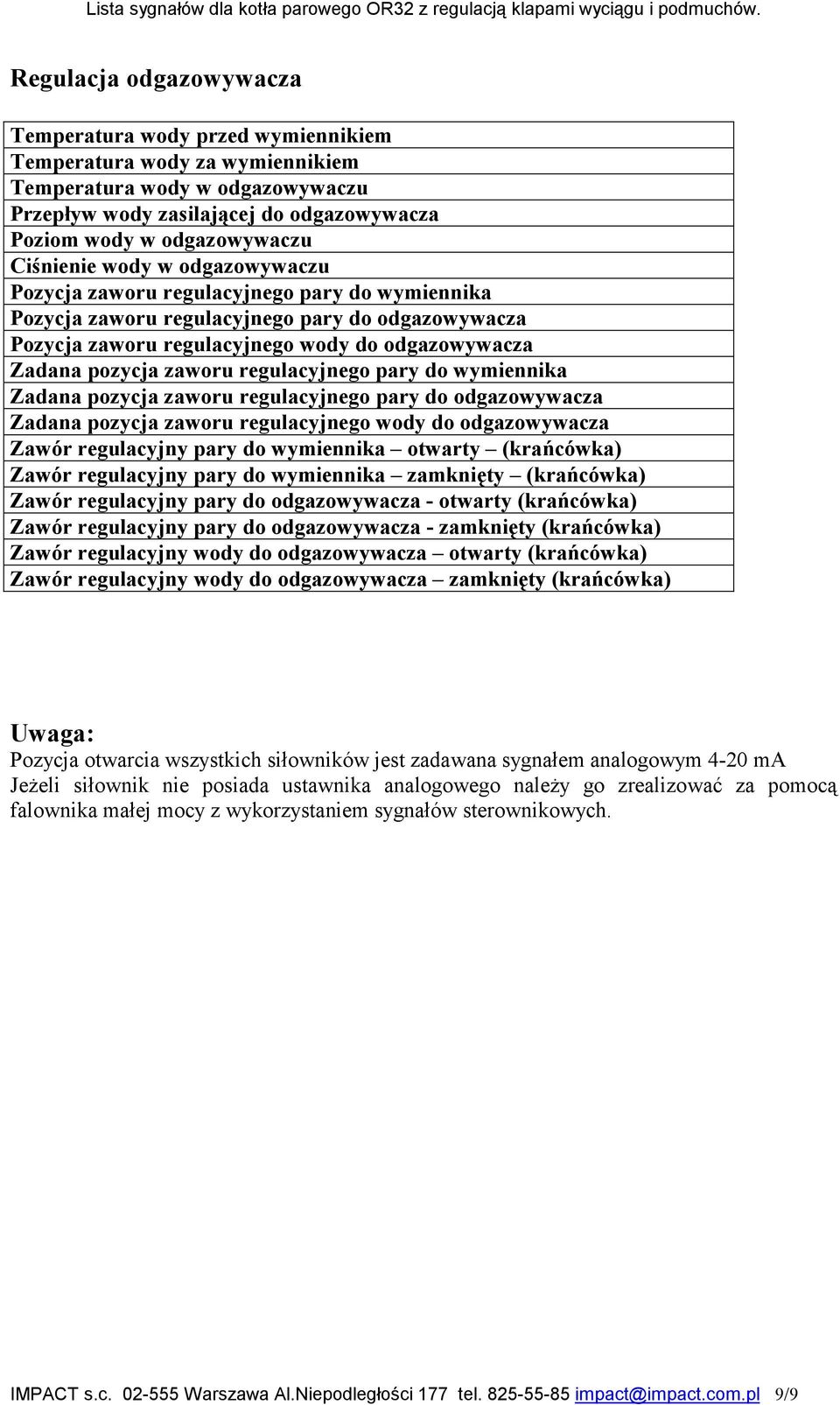 zaworu regulacyjnego pary do wymiennika Zadana pozycja zaworu regulacyjnego pary do odgazowywacza Zadana pozycja zaworu regulacyjnego wody do odgazowywacza Zawór regulacyjny pary do wymiennika