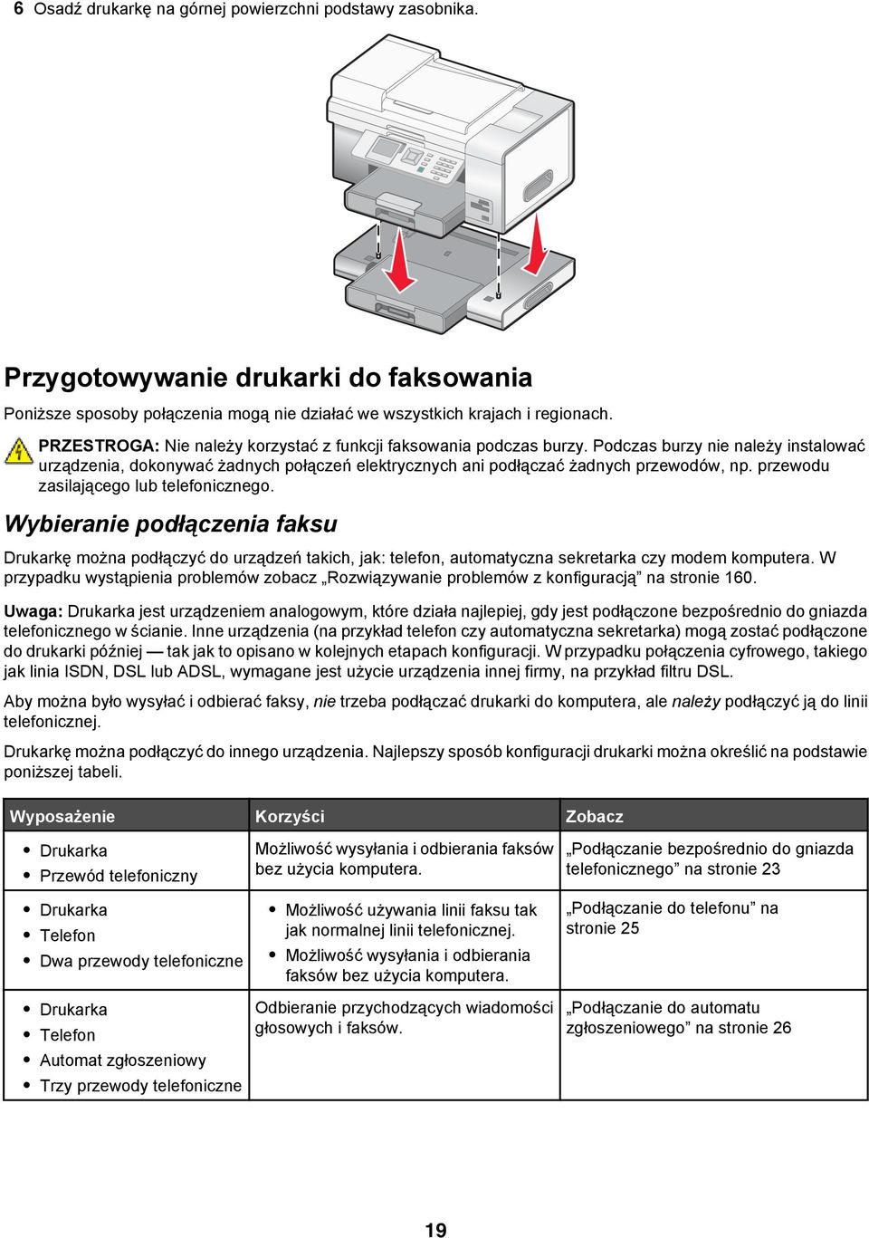 przewodu zasilającego lub telefonicznego. Wybieranie podłączenia faksu Drukarkę można podłączyć do urządzeń takich, jak: telefon, automatyczna sekretarka czy modem komputera.