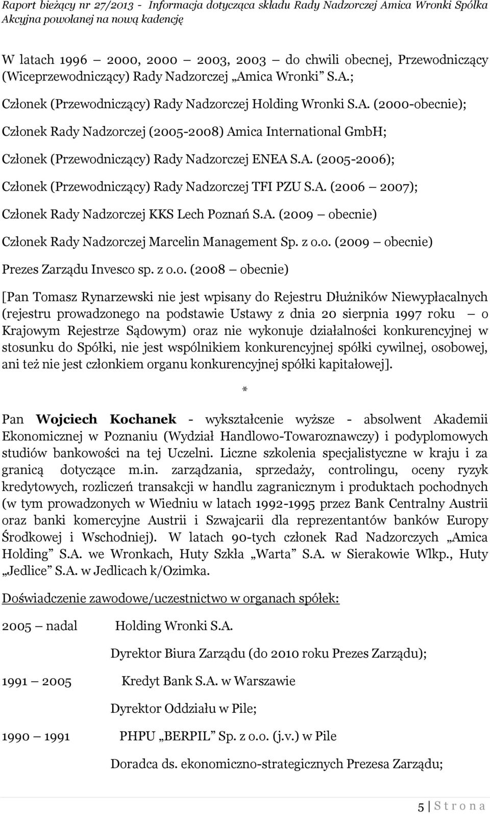 A. (2005-2006); Członek (Przewodniczący) Rady Nadzorczej TFI PZU S.A. (2006 2007); Członek Rady Nadzorczej KKS Lech Poznań S.A. (2009 obecnie) Członek Rady Nadzorczej Marcelin Management Sp. z o.o. (2009 obecnie) Prezes Zarządu Invesco sp.