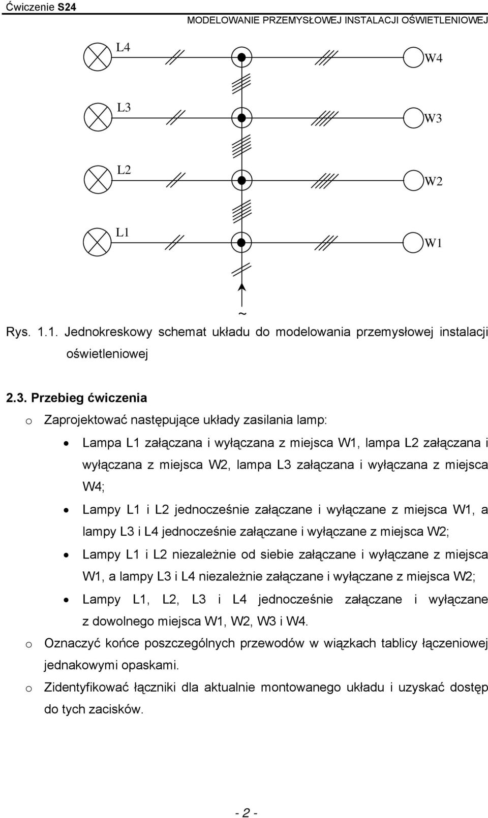 i wyłączana z miejsca W1, lampa 2 załączana i wyłączana z miejsca W2, lampa 3 załączana i wyłączana z miejsca W4; ampy 1 i 2 jednocześnie załączane i wyłączane z miejsca W1, a lampy 3 i 4