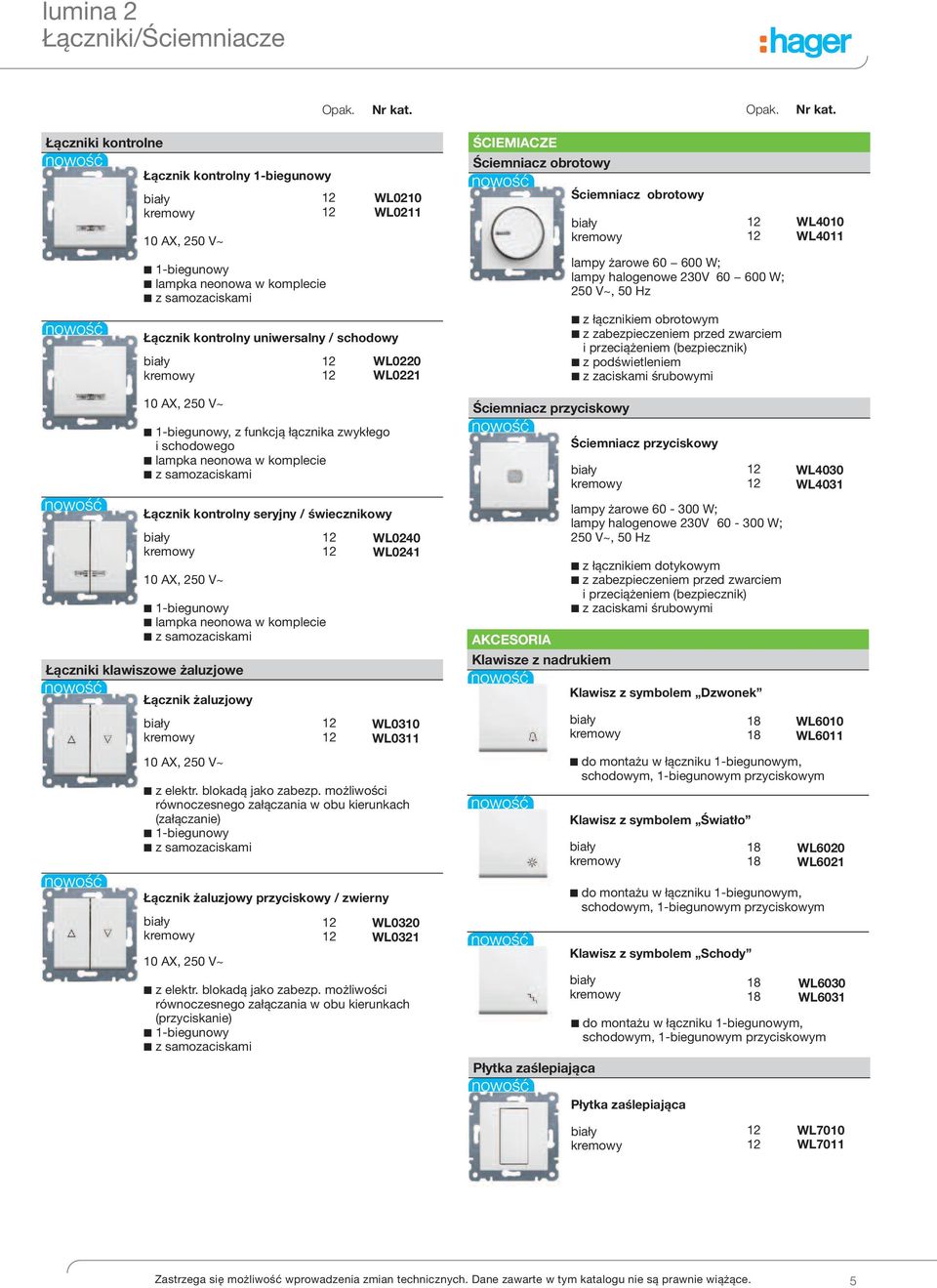 Łączniki kontrolne Łącznik kontrolny 1-biegunowy lampka neonowa w komplecie WL0210 WL0211 Łącznik kontrolny uniwersalny / schodowy WL0220 WL0221 ŚCIemIaCZe Ściemniacz obrotowy Ściemniacz obrotowy