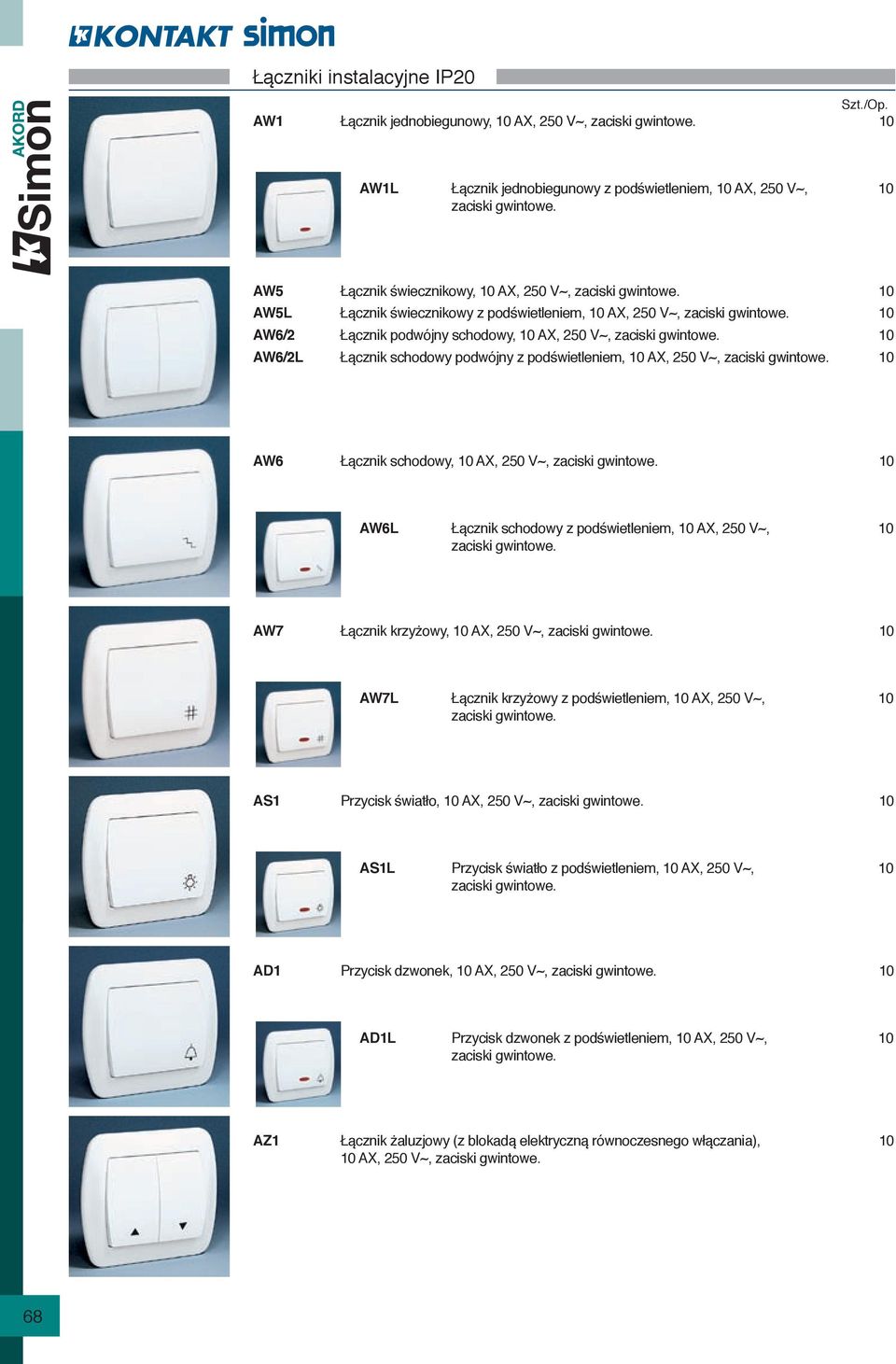 250 V~, 10 AW6L Łącznik schodowy z podświetleniem, 10 AX, 250 V~, 10 AW7 Łącznik krzyżowy, 10 AX, 250 V~, 10 AW7L Łącznik krzyżowy z podświetleniem, 10 AX, 250 V~, 10 AS1 Przycisk światło, 10 AX, 250